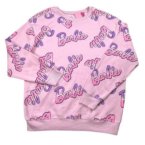 BARBIE Logo All Over Print Sweatshirt. Lightweight. Pink Purple. Medium
